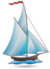 Stained glass illustration with abstract sailing ship , figure isolated on white background