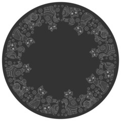 Design ornament for round product, cute light cartoon contour cats in the style of stained glass on a dark background