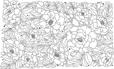 Black and white hand drawing floral. Sketch colouring book flower. 