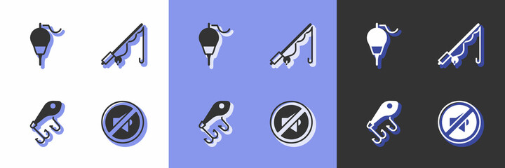 Set Speaker mute, Fishing float, lure and rod icon. Vector