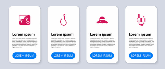 Set Spinning reel for fishing, Fisherman hat, Fishing hook and Location. Business infographic template. Vector