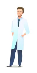 Optimistic doctor in dressing gown. Cheerful persons in standing pose. Cartoon comic style flat design. Separate character. Illustration isolated on white background. Vector