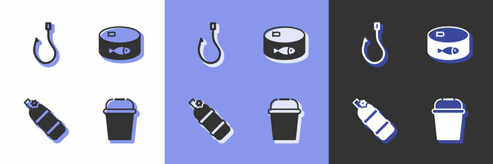 Set Fishing bucket, hook, Aqualung and Canned fish icon. Vector