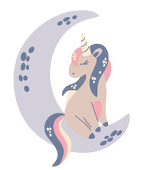 Cute unicorn on the moon. Children's illustration with a fantastic animal. Perfect for baby shower, birthday, children's party, clothing prints. Hand Draw Vector illustration.