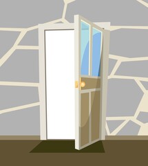 Opened door. Simple and flat style. Inside view from the room of the house. stone wall. Open. Cartoon cute fairy tale design. Image background. Vector