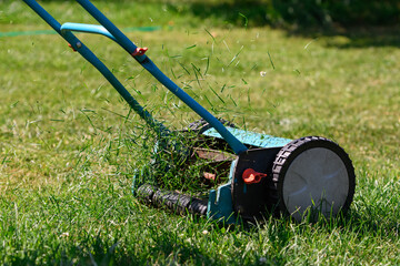 lawn mowing with a manual drum lawn mower - obrazy, fototapety, plakaty
