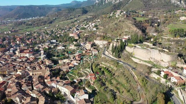 Top view of the city of Berga on the slopes of the Pyrenees mountains. Catalonia. Spain