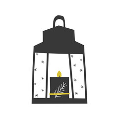 Vector isolated hand drawn illustration. Black wax candle stays in lantern. Simplified minimalistic flat shape of lamp, Scandinavian decoration for cozy home