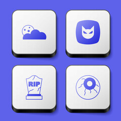 Set Moon and stars, Black cat, Tombstone with RIP written and Eye icon. White square button. Vector