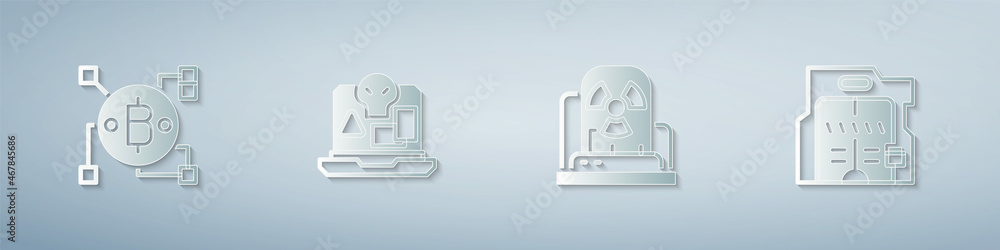 Poster set blockchain technology bitcoin, internet piracy, radioactive warning lamp and futuristic sliding 