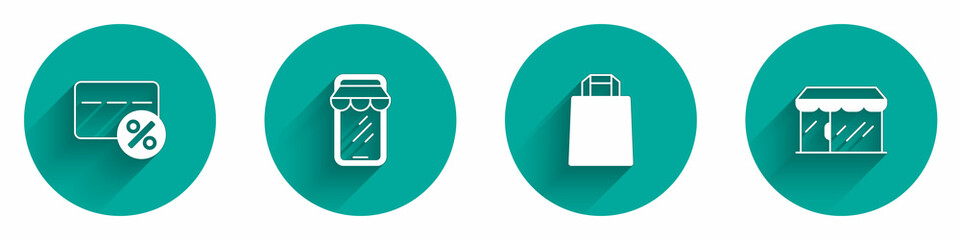 Set Discount card with percent, Online shopping on phone, Paper bag and Market store icon with long shadow. Vector