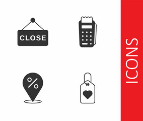 Set Heart tag, Hanging sign with text Closed, Location percent and POS terminal icon. Vector