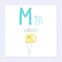 The capital and lowercase letters Mm in the form of cute characters. The word, starting with m, and funny image, which looks like a kind character. Sweet home series for the development of imagination