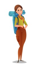 Woman tourist backpacker. Girl with backpack on his back. Cheerful person. Standing pose. Cartoon comic style flat design. Single character. Illustration isolated on white background. Vector