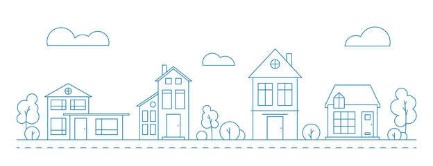 Line art vector neighborhood illustration with houses. Cityscape with blue residential buildings. © Aleksandra Abramova