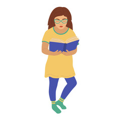 Child with book. A young girl standing and reading. Schoolgirl preparing for the exam.  literature fan. Vector illustration