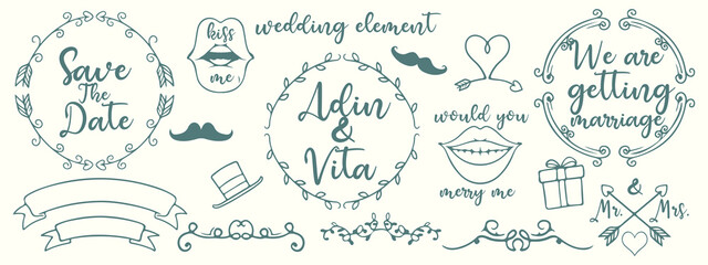 Hand drawn doodle wedding collection. Vector illustration sketchy marriage icons for wedding day, love and romantic events bride groom heart cupid engagement ring tricycle invitation