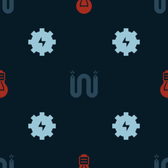 Set Creative lamp light idea, Electric cable and Gear and lightning on seamless pattern. Vector