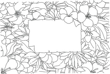 Frame of flowers. Black and white hand drawn sketch. Floral background frame.