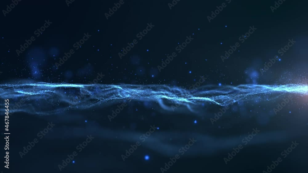 Aufkleber Futuristic digitally generated motion graphic blue particles wave flowing in virtual reality abstract cyber space environment de-focus abstract loop background