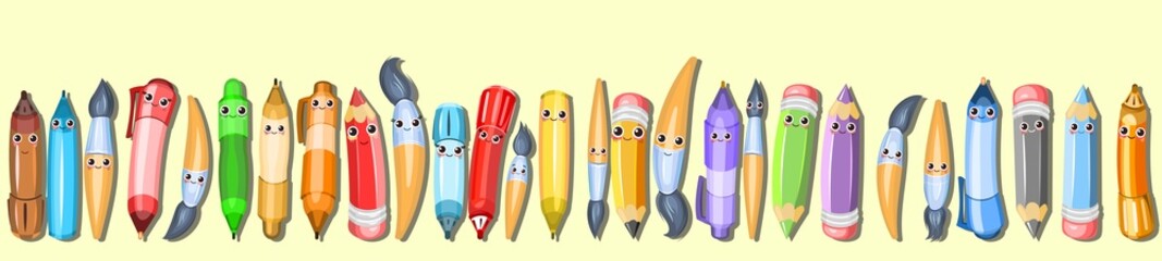 Stationery characters. Horizontal composition for the border. Pencils and brushes. Items for creativity. Ballpoint and gel pens. Cheerful cartoon style. Vector.