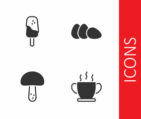 Set Bowl of hot soup, Ice cream, Mushroom and Chicken egg icon. Vector