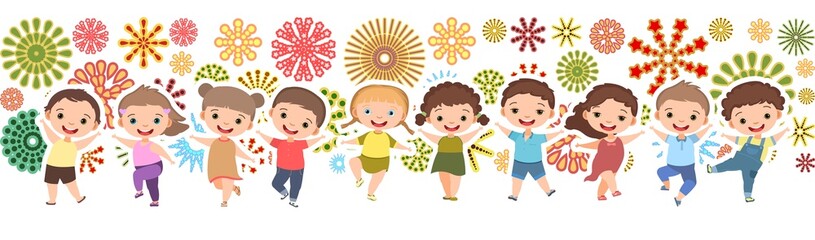 Children dance joy. Happy childhood. Little Beautiful boys and girls. Kid is jumping for joy at the party. Nice kid. Cartoon style. Isolated on white background. Vector