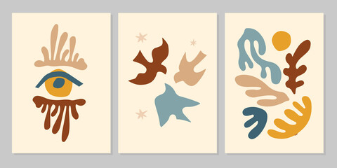 Hand drawn abstract modern minimal set of covers with colorful  shapes, eye, bird, leaf on beige background. Vector flat illustration. Design for poster, card, wallpaper, print, cover, wall art