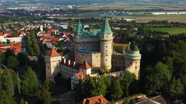 Cinematic rotating drone shot of Castle Of Spirits or Bojnice Castle in Slovakia