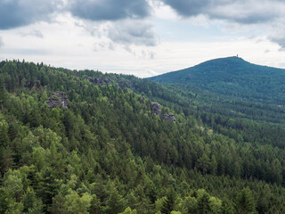 View from sandstone rock viewpoint Monchskanzeland on spruce tree forest, village Oybin and Zittauer Gebirge mountains nature park, summer landscape, Germany