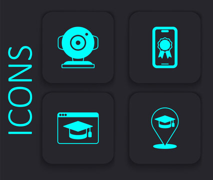 Set Online education, Web camera, with diploma and icon. Black square button. Vector