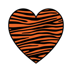 Tiger heart icon. A black and orange heart with a pattern imitating stripes on a tiger skin. Vector illustration isolated on a white background for design and web.