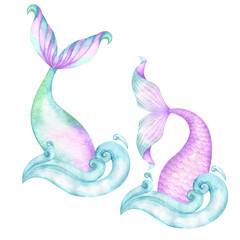 Watercolor mermaid tails pearl waves © Vilena