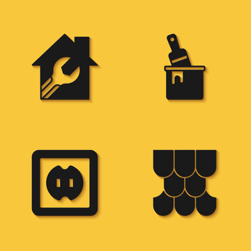 Set House with wrench spanner, Roof tile, Electrical outlet and Paint bucket brush icon with long shadow. Vector