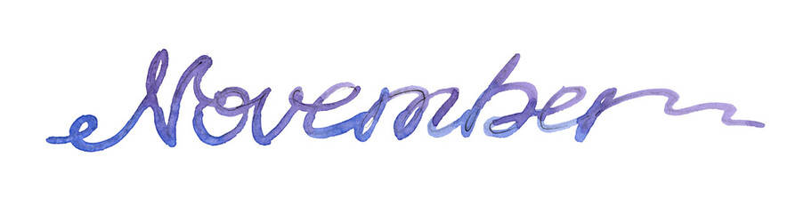 Watercolor continuous blue and violet one line drawing lettering Autumn month November on white background