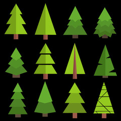 Set Christmas tree green illustrations icons graphics buttons on black background