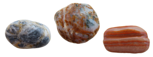 Set of different wet sea stones isolated on white background. Macro closeup.