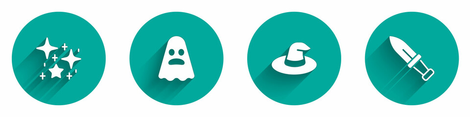 Set Magical glitter particles, Ghost, Witch hat and Dagger icon with long shadow. Vector