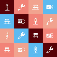 Set pop art Train traffic light, Wrench spanner, Waiting hall and ticket icon. Vector