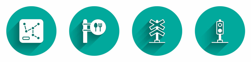 Obraz premium Set Railway map, Cafe and restaurant location, Railroad crossing and Train traffic light icon with long shadow. Vector