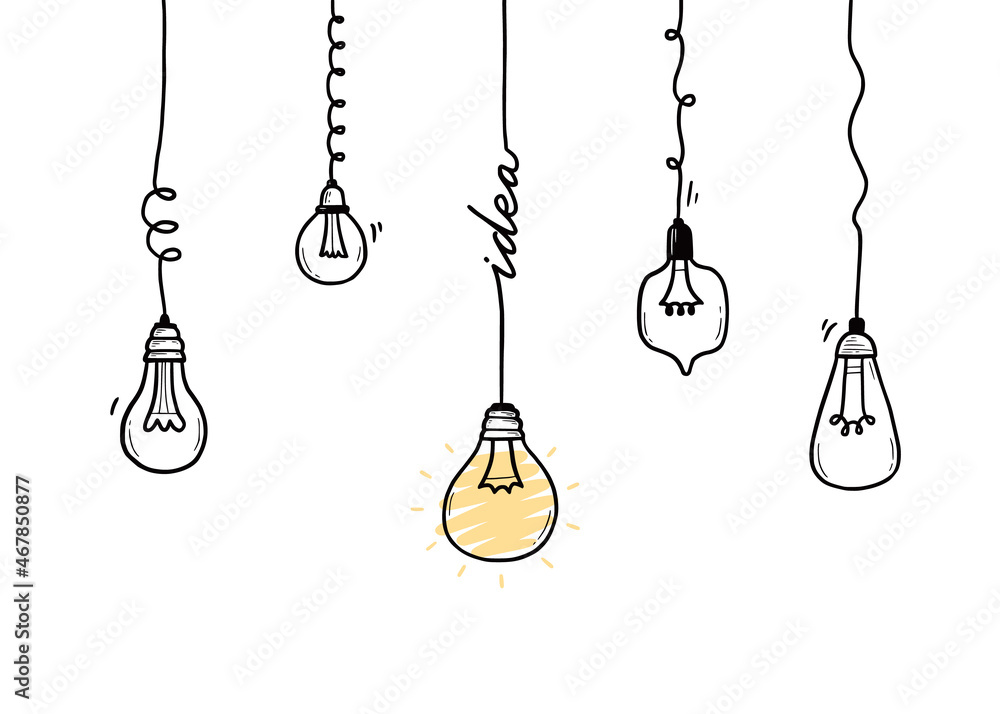 Wall mural idea light bulb. doodle hand drawn sketch style lamp. concept of business idea, solution, brainstorm