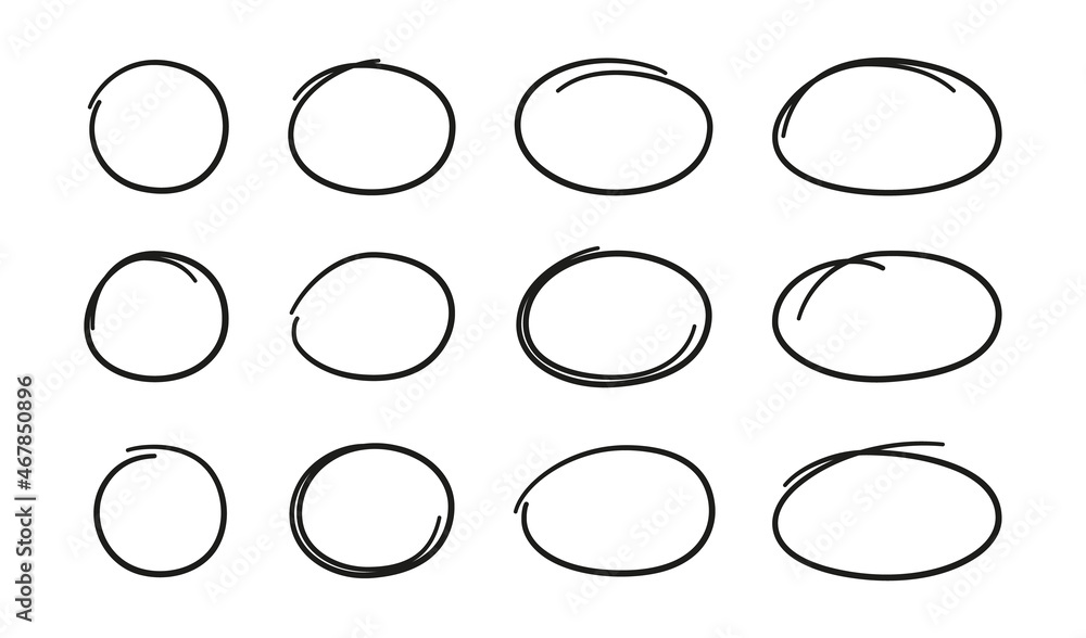 Poster hand drawn ovals and circles set. ovals of different widths. highlight circle frames. ellipses in do