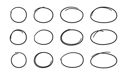 Hand drawn ovals and circles set. Ovals of different widths. Highlight circle frames. Ellipses in doodle style. Set of vector illustration isolated on white background.
