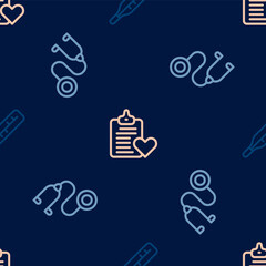Set line Medical thermometer, Stethoscope and Patient record on seamless pattern. Vector