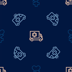 Set line Ethnoscience, Ambulance car and on seamless pattern. Vector