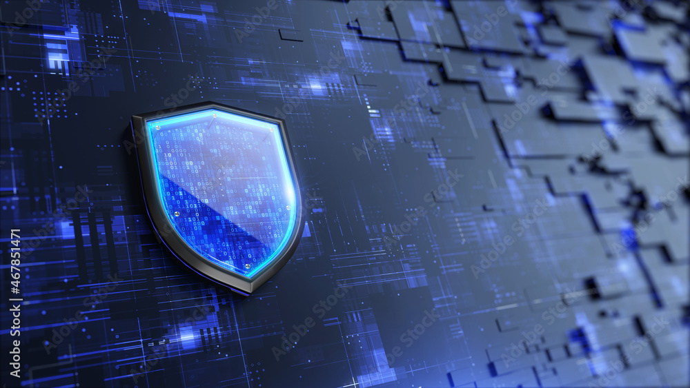 Poster shield. protect and security concept. digital shield on abstract technology background. 3d rendering