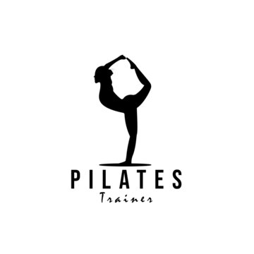 Sitting Pose Pilates Woman Silhouette, Girl with Beauty Body Hair and Face at gym logo design 