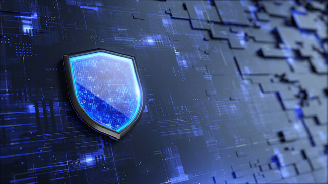 Shield. Protect And Security Concept. Digital Shield On Abstract Technology Background. 3d Rendering