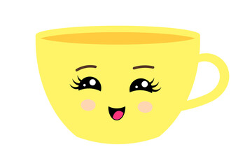 Cute happy funny coffee mug. Kawaii cup. Smiling cartoon character