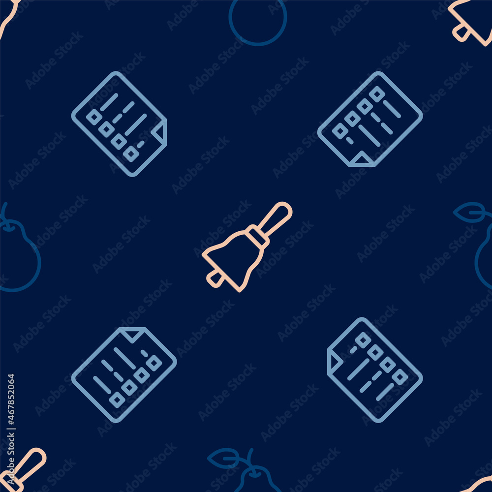 Poster set line pear, clipboard with checklist and ringing bell on seamless pattern. vector